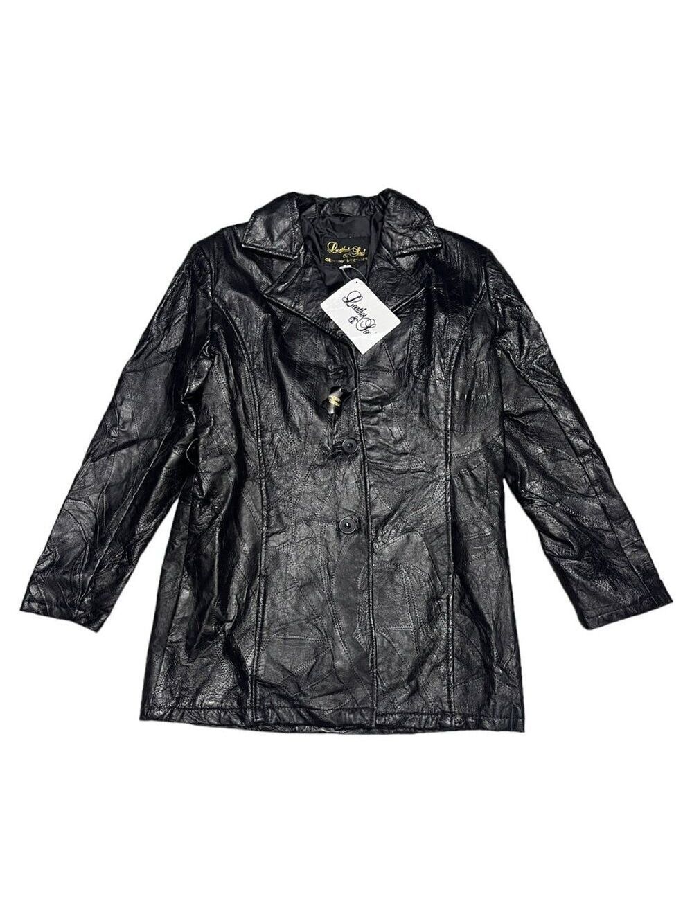 Vintage Retro GENUINE LEATHER Luxury Designer Cross Stitch Jacket Coat Womens L